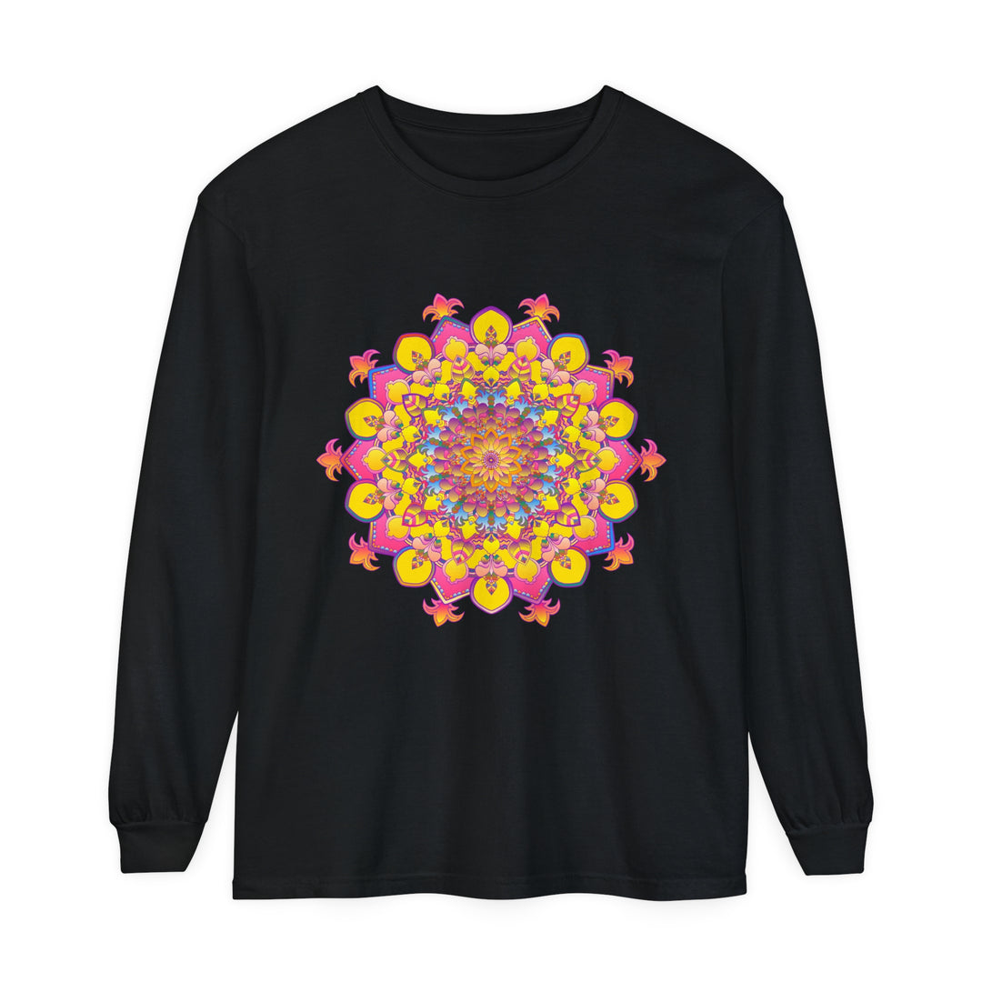 Colorful and intricate mandala design on a unisex long sleeve t-shirt