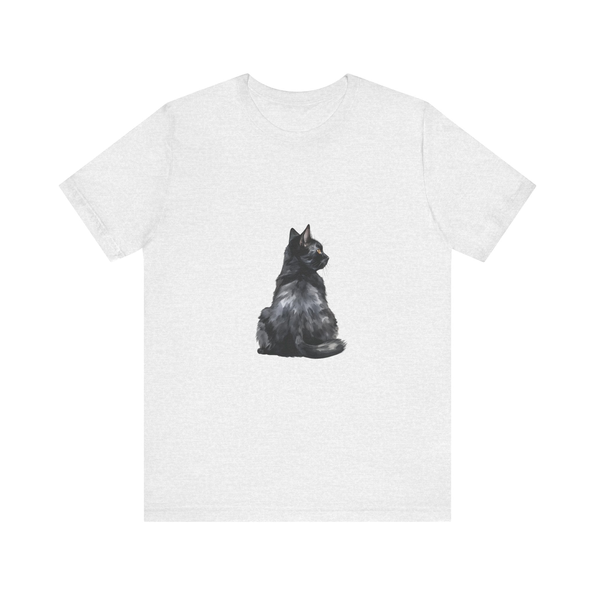 A close-up image of a black t-shirt with a mystical black cat design, perfect for cat lovers and fans of unique fashion