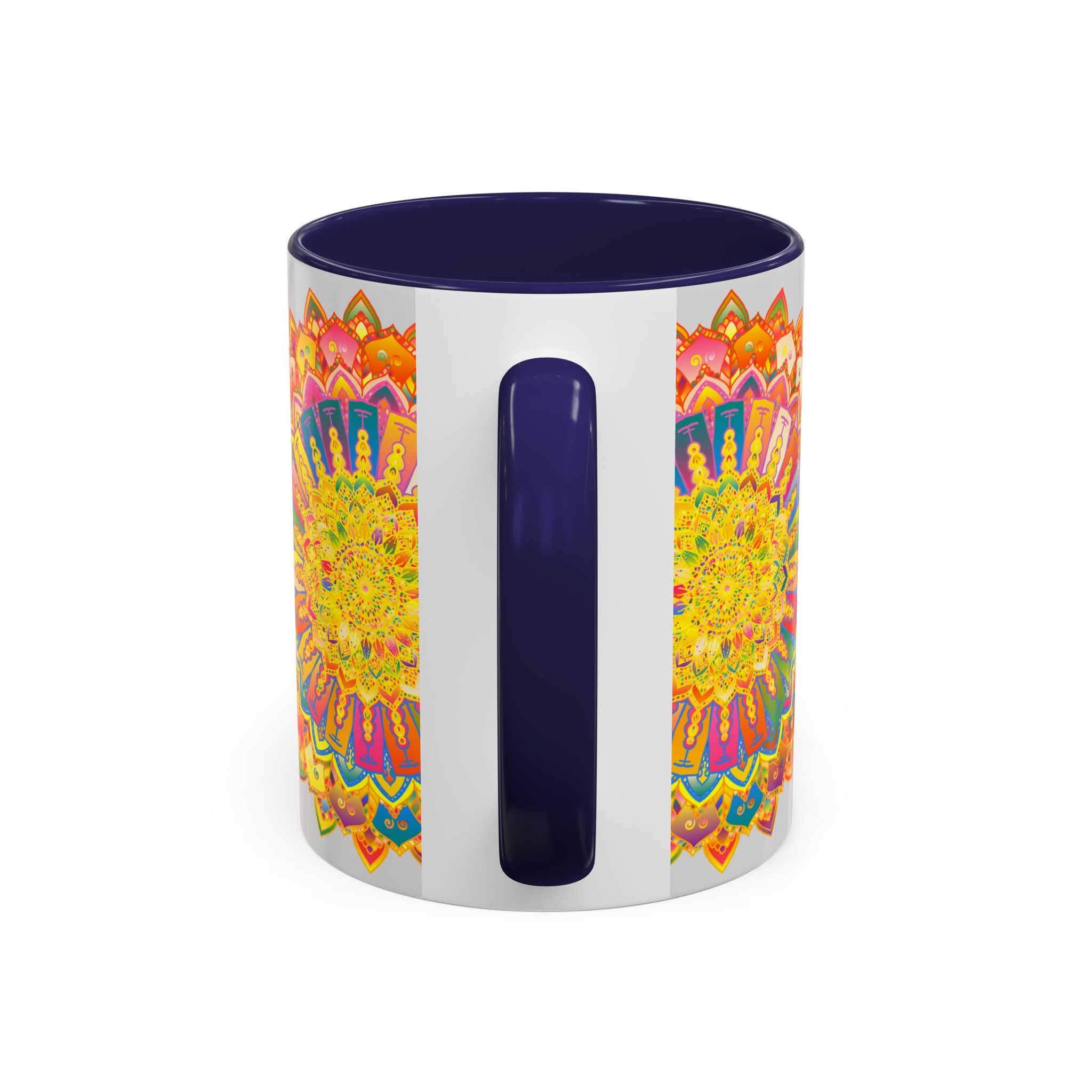 Colorful mandala mug featuring vibrant and intricate art on a grey background