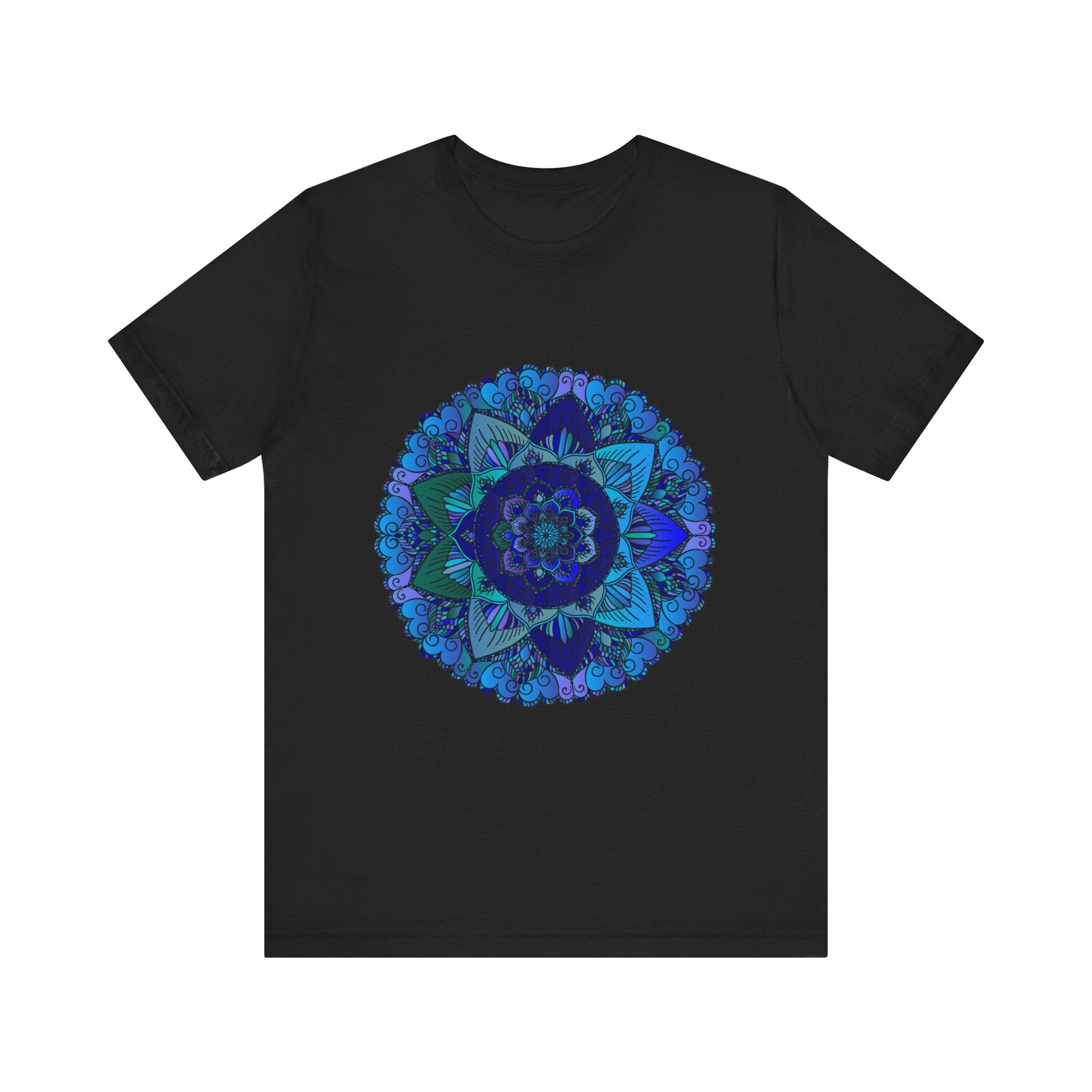 Dark blue and green mandala t-shirt featuring spiritual art design