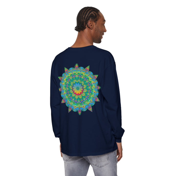 Colorful and intricate psychedelic mandala design on long sleeve t-shirt