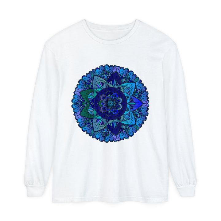 Dark blue and green mandala long sleeve t-shirt with intricate design