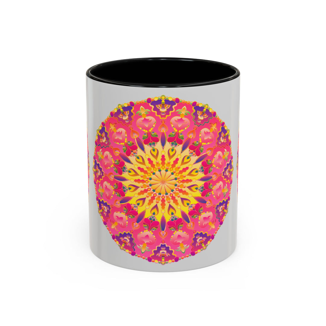 Beautiful mandala art mug in shades of pink, yellow, and green