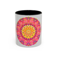 Beautiful mandala art mug in shades of pink, yellow, and green