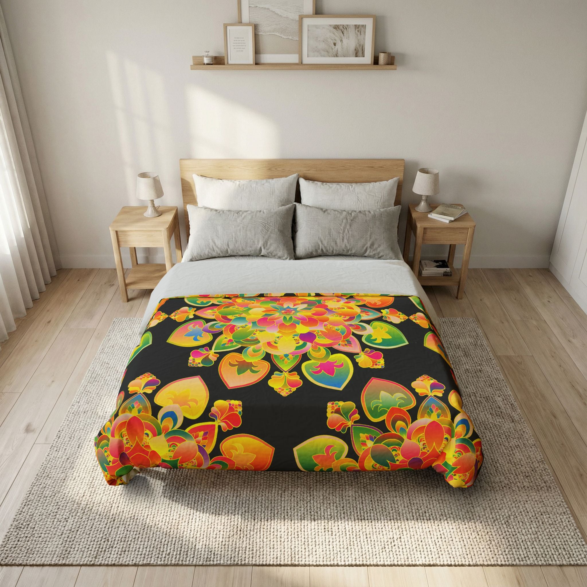 Copripiumino in cotone con motivo mandala floreale boho — Cuori arcobaleno vivaci su nero