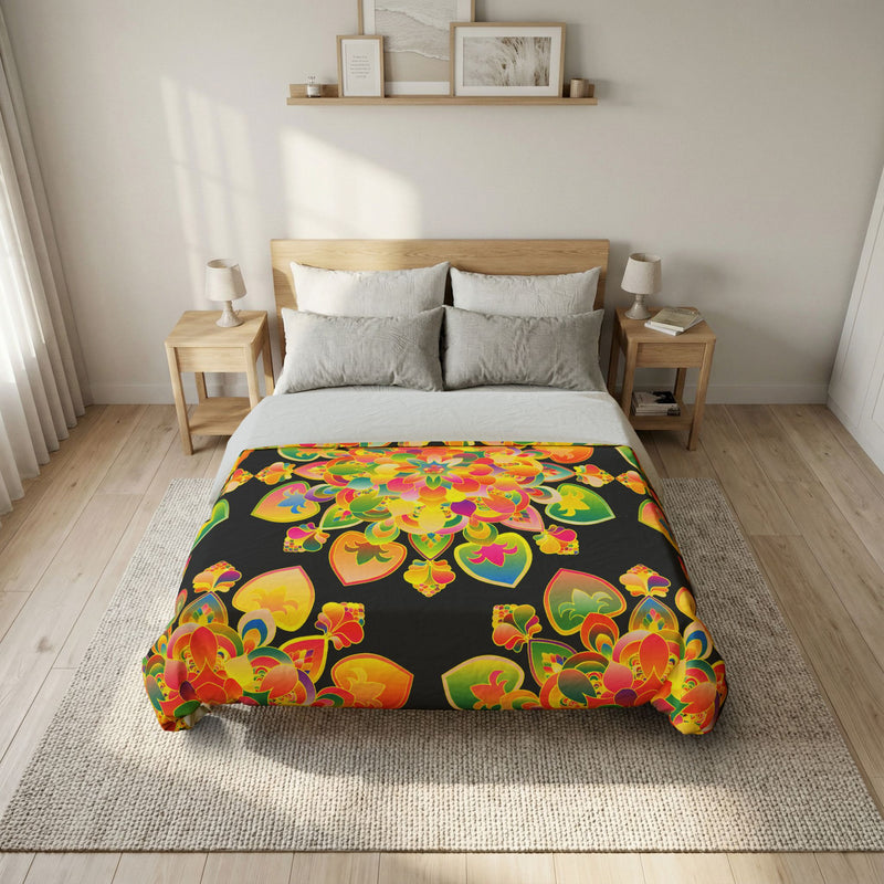 Boho Floral Mandala Cotton Duvet Cover — rainbow hearts on black