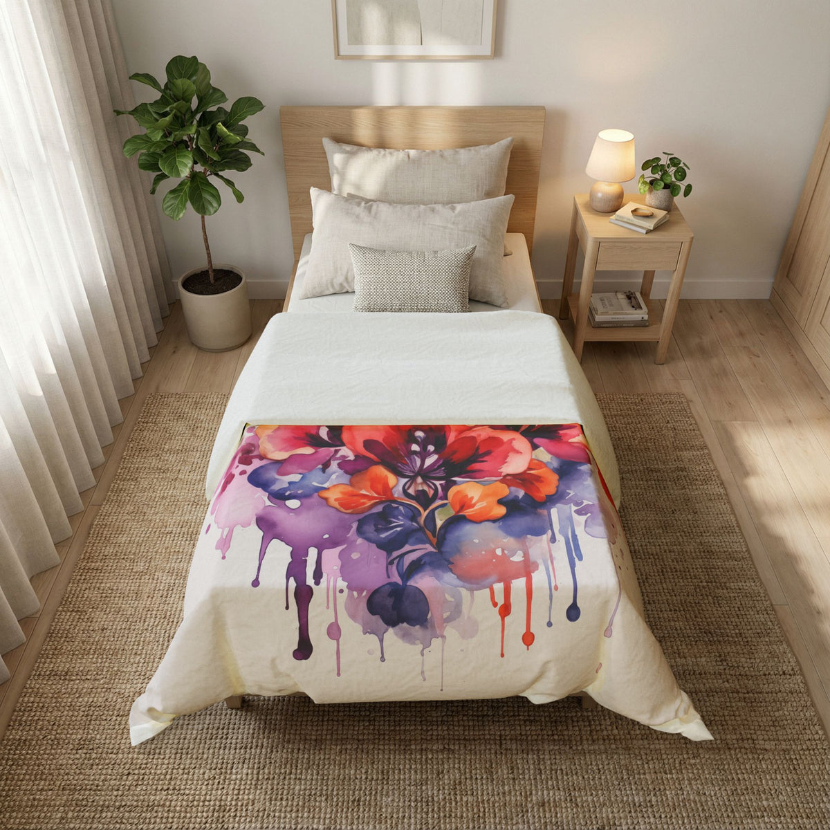 Watercolor Floral Duvet Cover – Vibrant Drip Bouquet Cotton Bedding