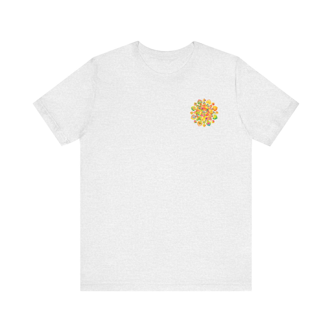 A colorful and intricate mandala design tee promoting spiritual peace and harmony