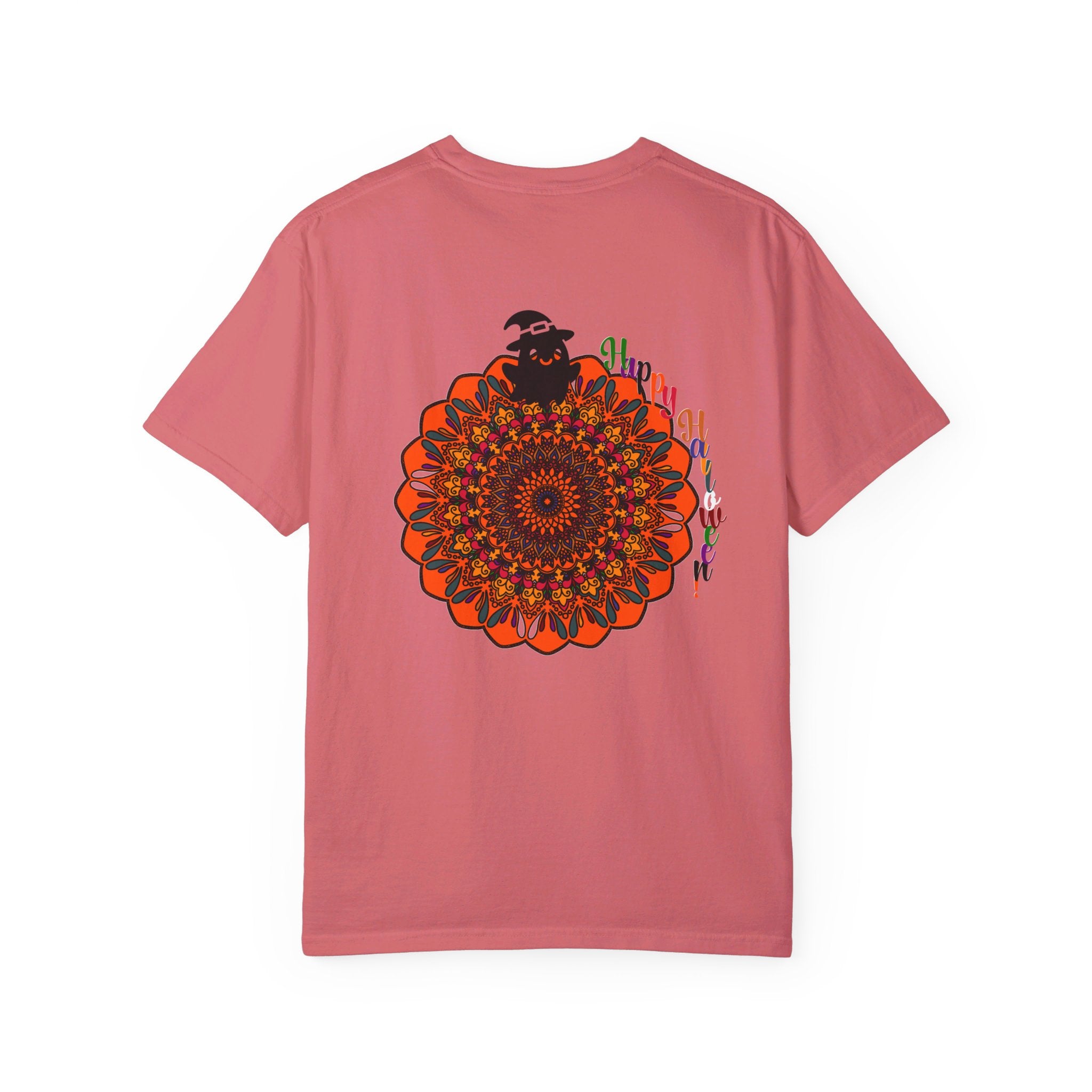 Handmade unisex Halloween Mandala T-shirt featuring intricate pumpkin mandala art, on a garment-dyed tee