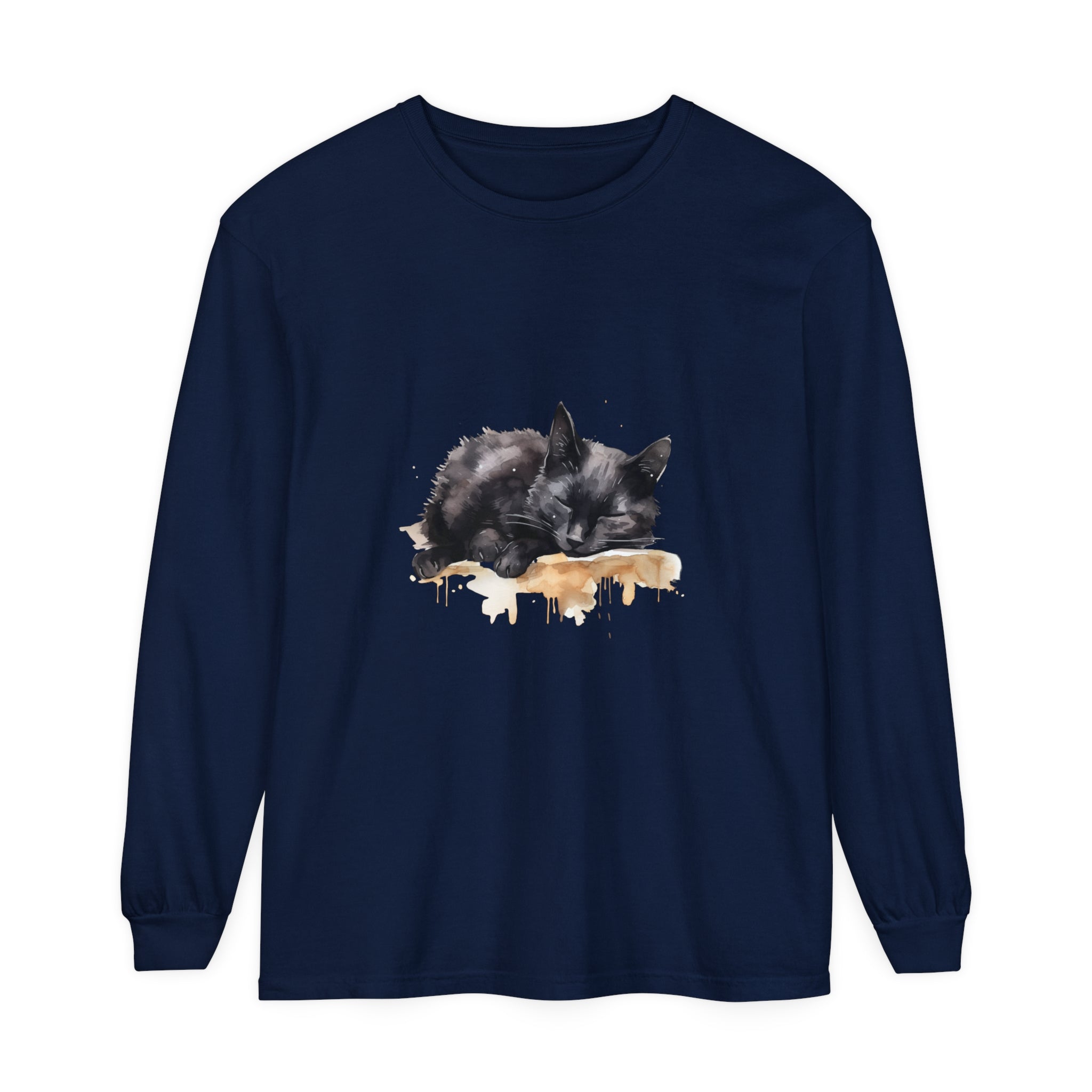 Beautiful watercolor illustration of a sleeping black cat on a t-shirt