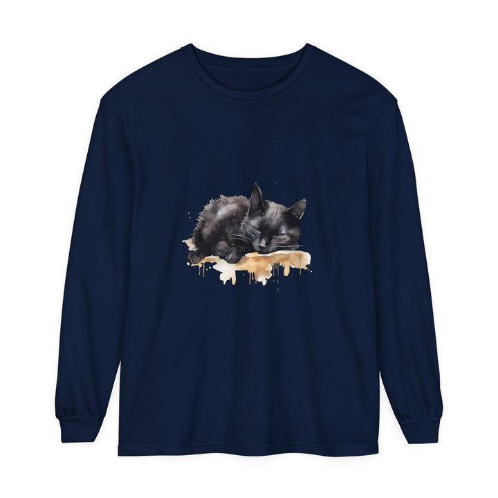 Beautiful watercolor illustration of a sleeping black cat on a t-shirt