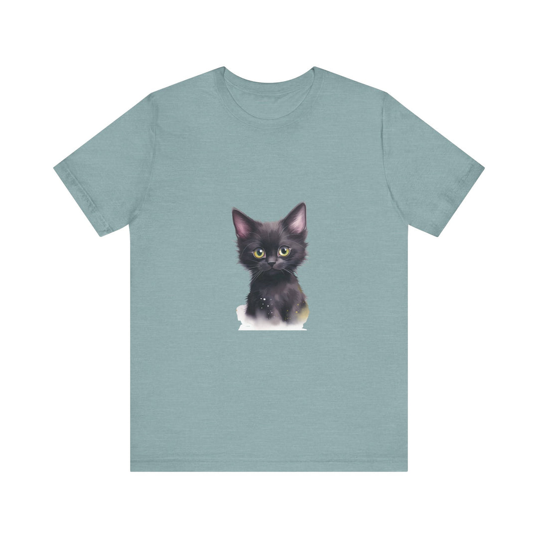 Black t-shirt featuring a mystical black cat design with vibrant colors