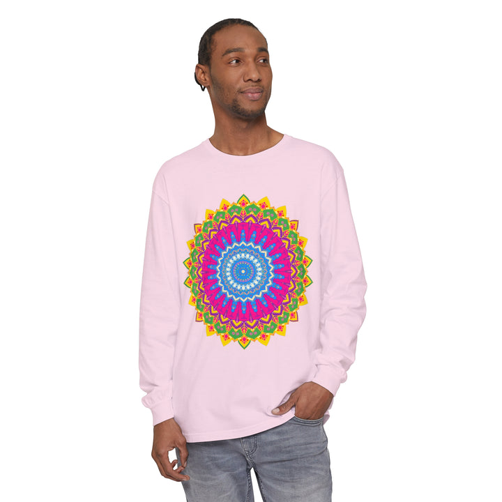 Colorful and detailed mandala design on a comfortable unisex long sleeve t-shirt