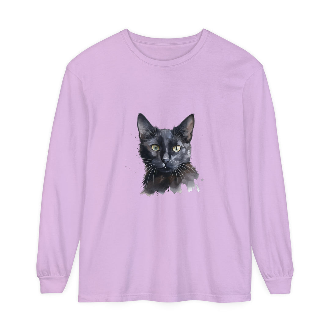 Black Cat Watercolor - Mystical Long Sleeve T-Shirt featuring a stunning watercolor design of a mystical black cat