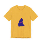 A vibrant and eye-catching black cat mystery themed t-shirt with colorful design