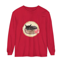 Watercolor painting of a peaceful sleeping cat in a bowl on a comfortable long sleeve t-shirt