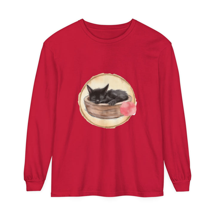 Watercolor painting of a peaceful sleeping cat in a bowl on a comfortable long sleeve t-shirt