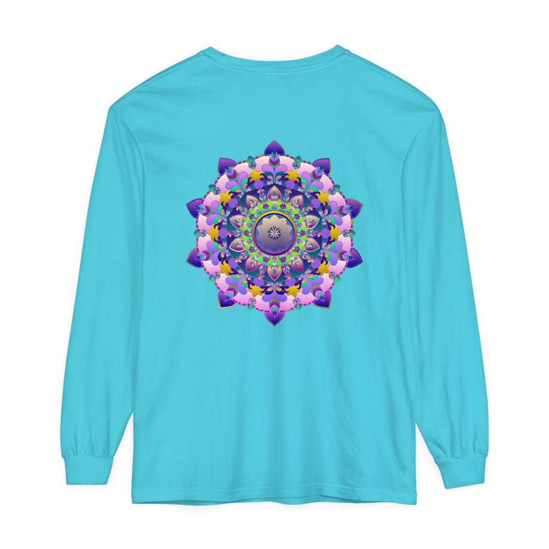 A close-up image of a vibrant mandala design on a Unisex Long Sleeve T-Shirt, perfect for adding a pop of color to any outfit