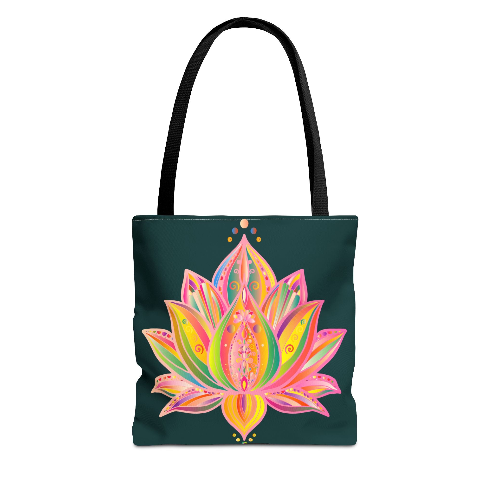 Colorful mandala lotus tote bag with intricate floral design and sturdy straps