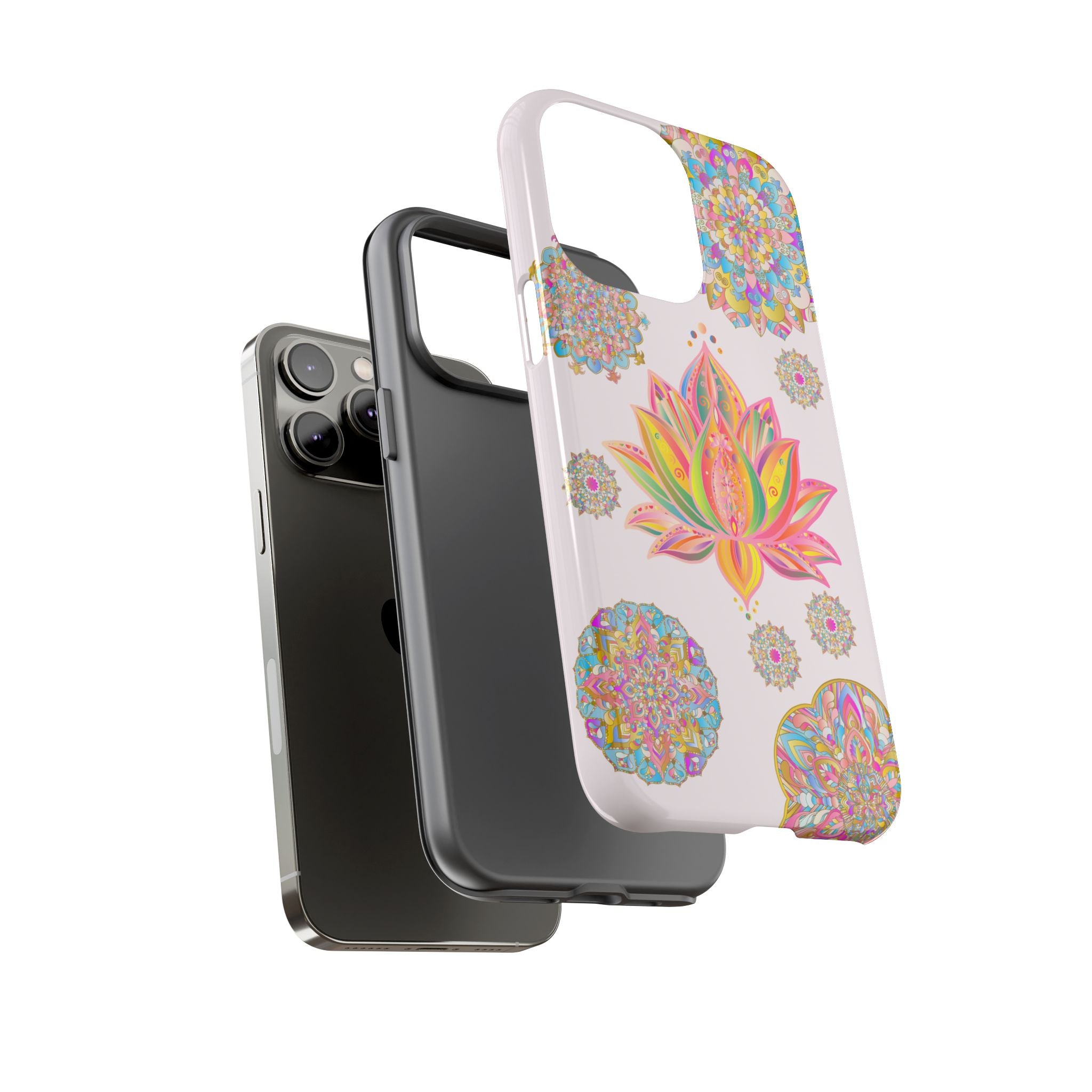 Light pink phone case with intricate mandala design and lotus flower motif