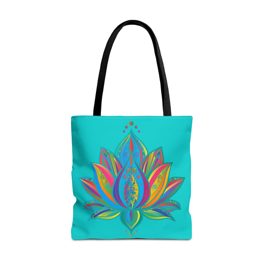 Beautiful Mandala Lotus Tote Bag in Azure, perfect for carrying everything you need in style, with intricate floral design and vibrant blue color