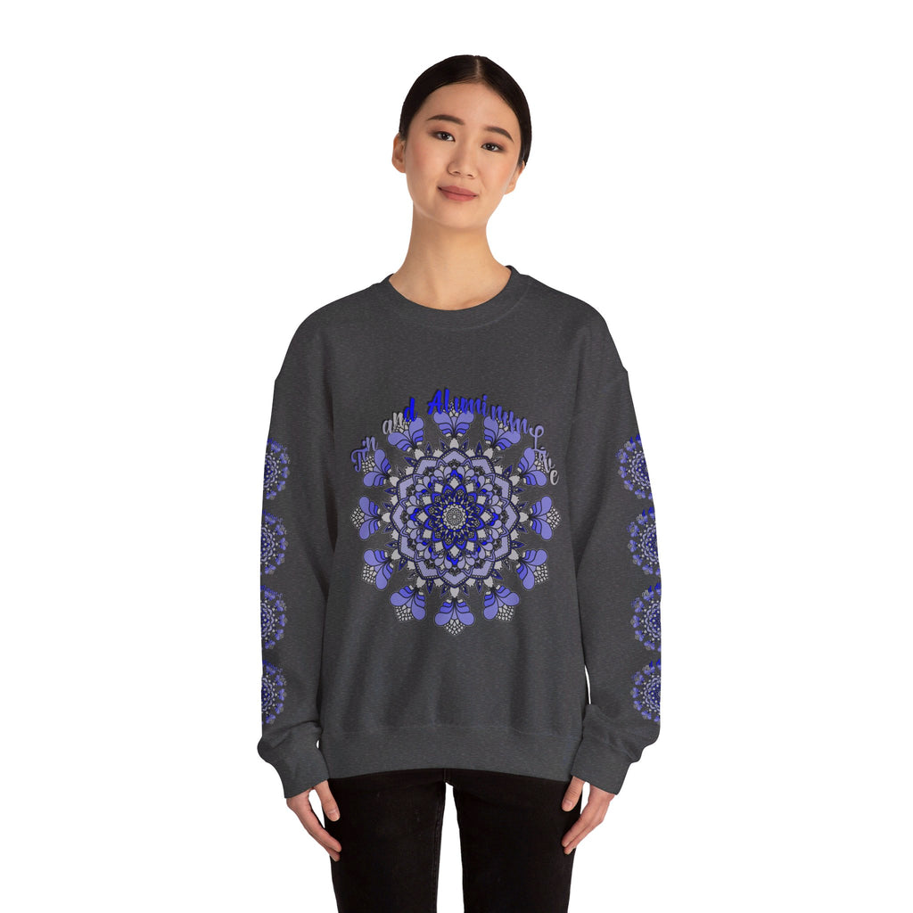 Front view of the navy blue sweatshirt featuring the Tin and Aluminum Love design