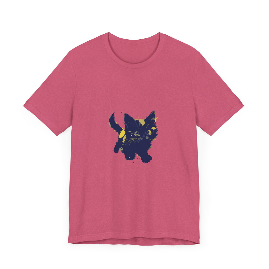 A black cat with green eyes, wearing a red bow tie, sits in front of a full moon on a black background, on a t-shirt with the text Black Cat Mystery T-Shirt - Cute & Playful