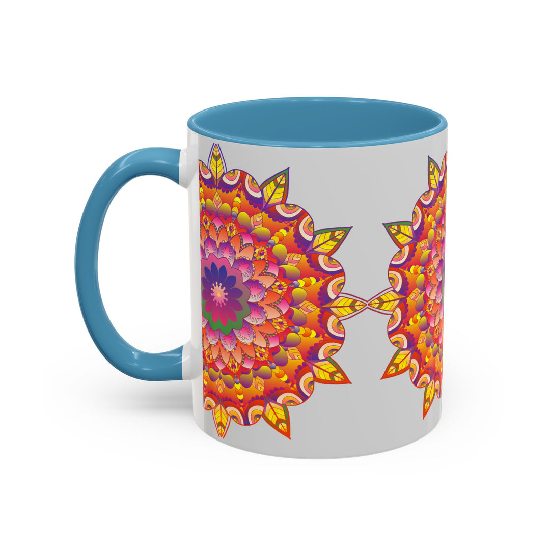 Beautiful hand-painted mandala art mug with colorful floral design on ceramic surface