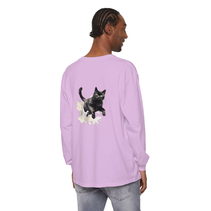 A vibrant watercolor splash design featuring a black cat, printed on a high-quality t-shirt