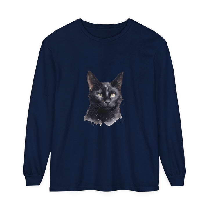 Black Cat Watercolor Unisex Long Sleeve T-Shirt featuring a vibrant watercolor design of a black cat on a comfortable, versatile long sleeve shirt