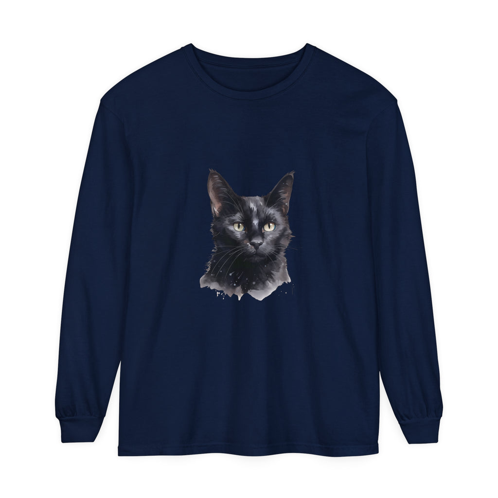 Black Cat Watercolor Unisex Long Sleeve T-Shirt featuring a vibrant watercolor design of a black cat on a comfortable, versatile long sleeve shirt