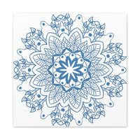Handmade Mandala Art featuring a beautiful, intricate steel blue design on matte canvas, stretched and ready to hang on your wall