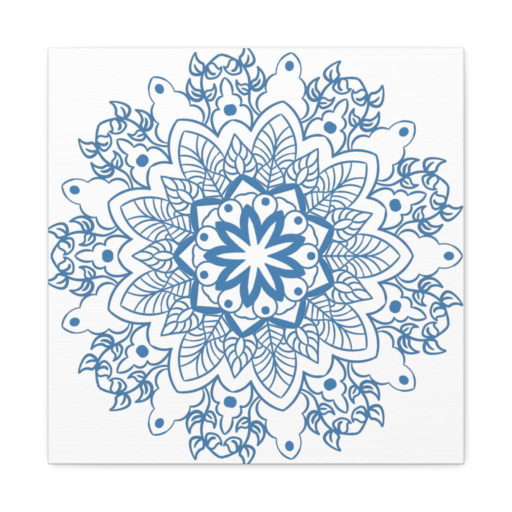 Handmade Mandala Art featuring a beautiful, intricate steel blue design on matte canvas, stretched and ready to hang on your wall