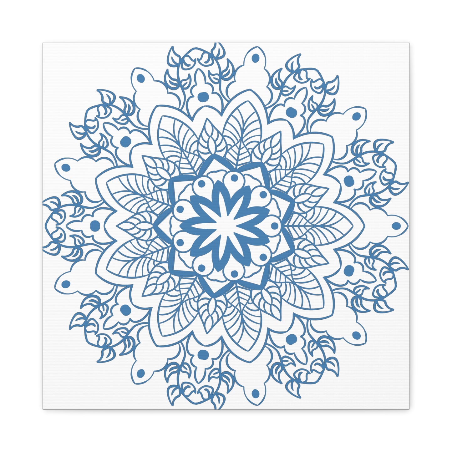 Handmade Mandala Art featuring a beautiful, intricate steel blue design on matte canvas, stretched and ready to hang on your wall