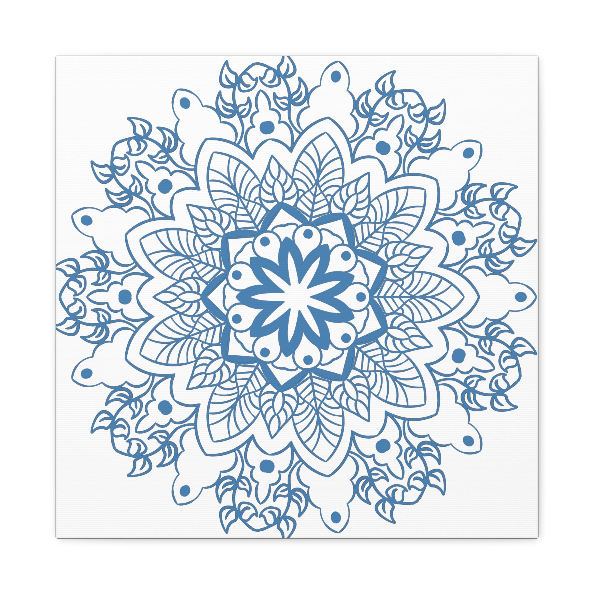 Handmade Mandala Art featuring a beautiful, intricate steel blue design on matte canvas, stretched and ready to hang on your wall