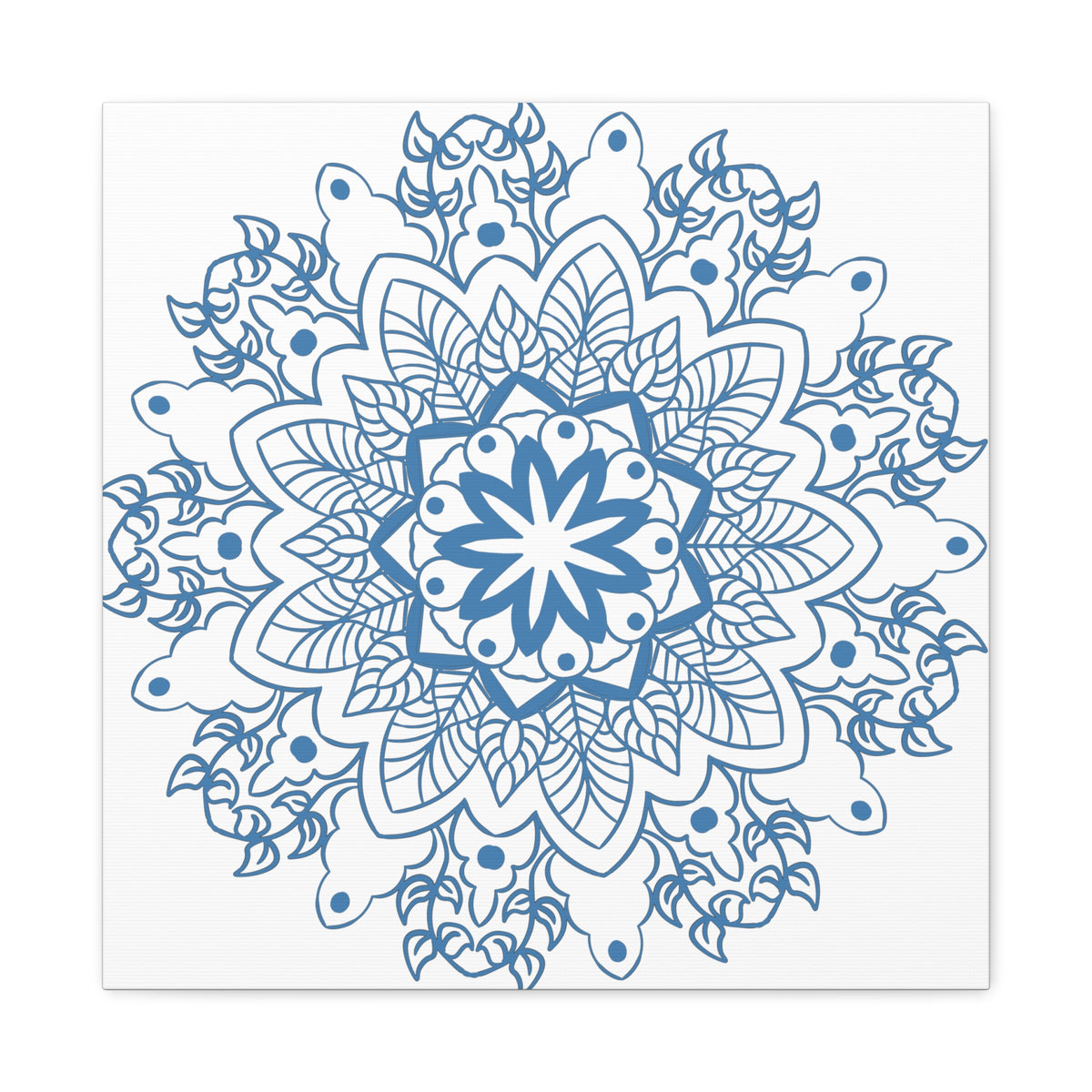 Handmade Mandala Art featuring a beautiful, intricate steel blue design on matte canvas, stretched and ready to hang on your wall