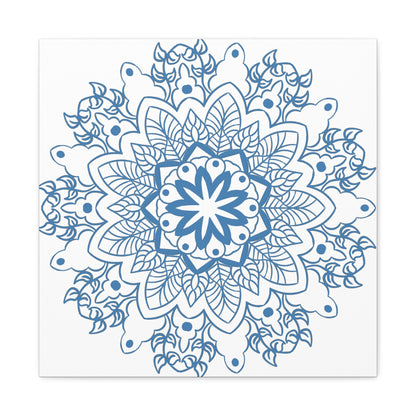 Handmade Mandala Art featuring a beautiful, intricate steel blue design on matte canvas, stretched and ready to hang on your wall