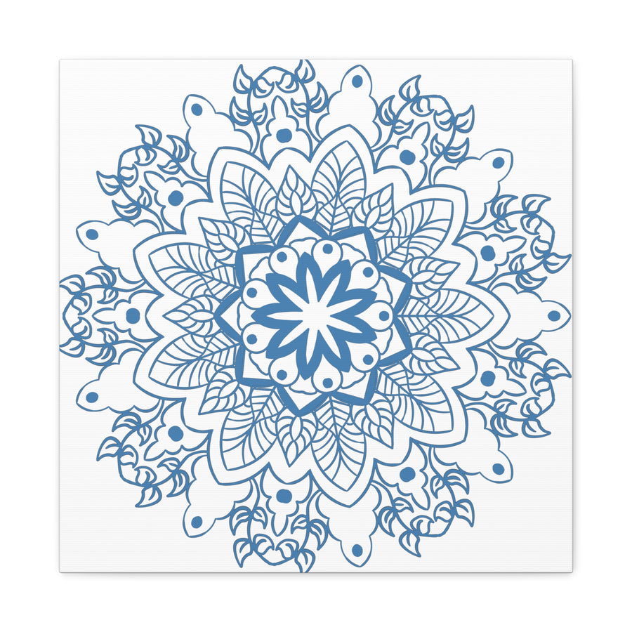 Handmade Mandala Art featuring a beautiful, intricate steel blue design on matte canvas, stretched and ready to hang on your wall
