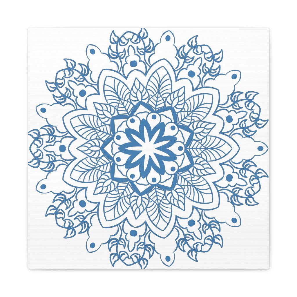 Handmade Mandala Art featuring a beautiful, intricate steel blue design on matte canvas, stretched and ready to hang on your wall