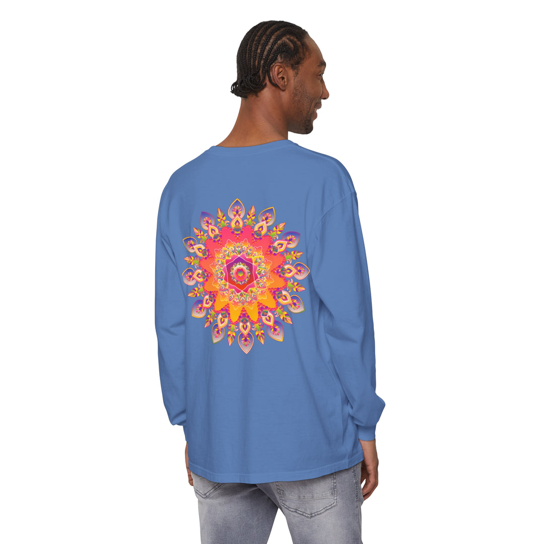 Colorful and intricate mandala design on a unisex long sleeve t-shirt