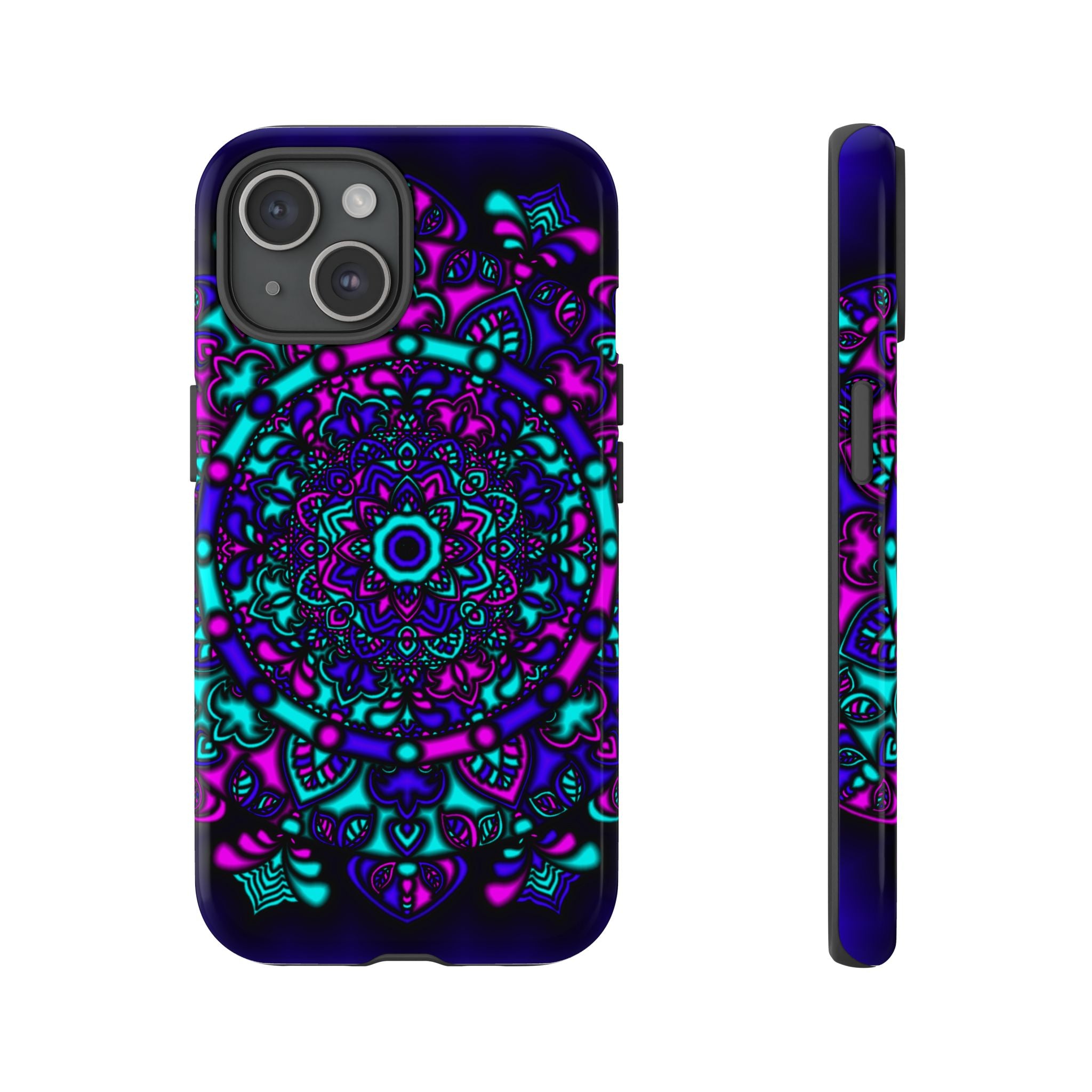 Mandala Neon Phone Case — Purple & Teal Protective Tough Case