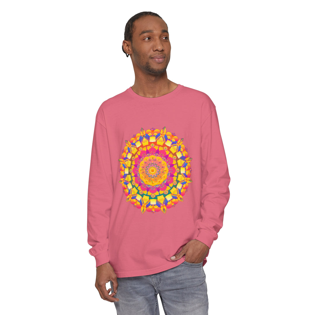 Vibrant and intricate psychedelic mandala design on long sleeve t-shirt