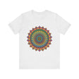 A close-up image of the intricate mandala meditation tee, featuring vibrant colors and intricate patterns in red, blue, green, and yellow, perfect for yoga and meditation practice
