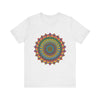 A close-up image of the intricate mandala meditation tee, featuring vibrant colors and intricate patterns in red, blue, green, and yellow, perfect for yoga and meditation practice