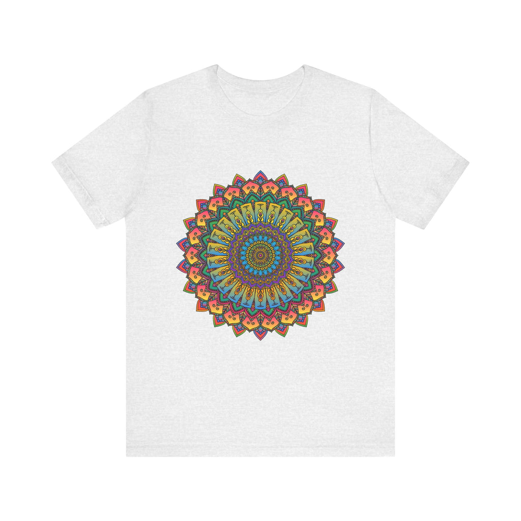 A close-up image of the intricate mandala meditation tee, featuring vibrant colors and intricate patterns in red, blue, green, and yellow, perfect for yoga and meditation practice