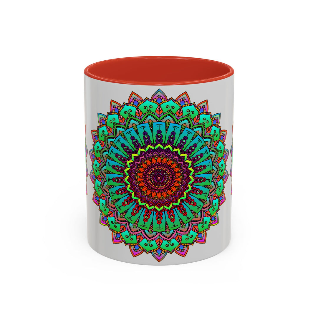 Mandala Art Mug featuring light grey background and colorful intricate designs