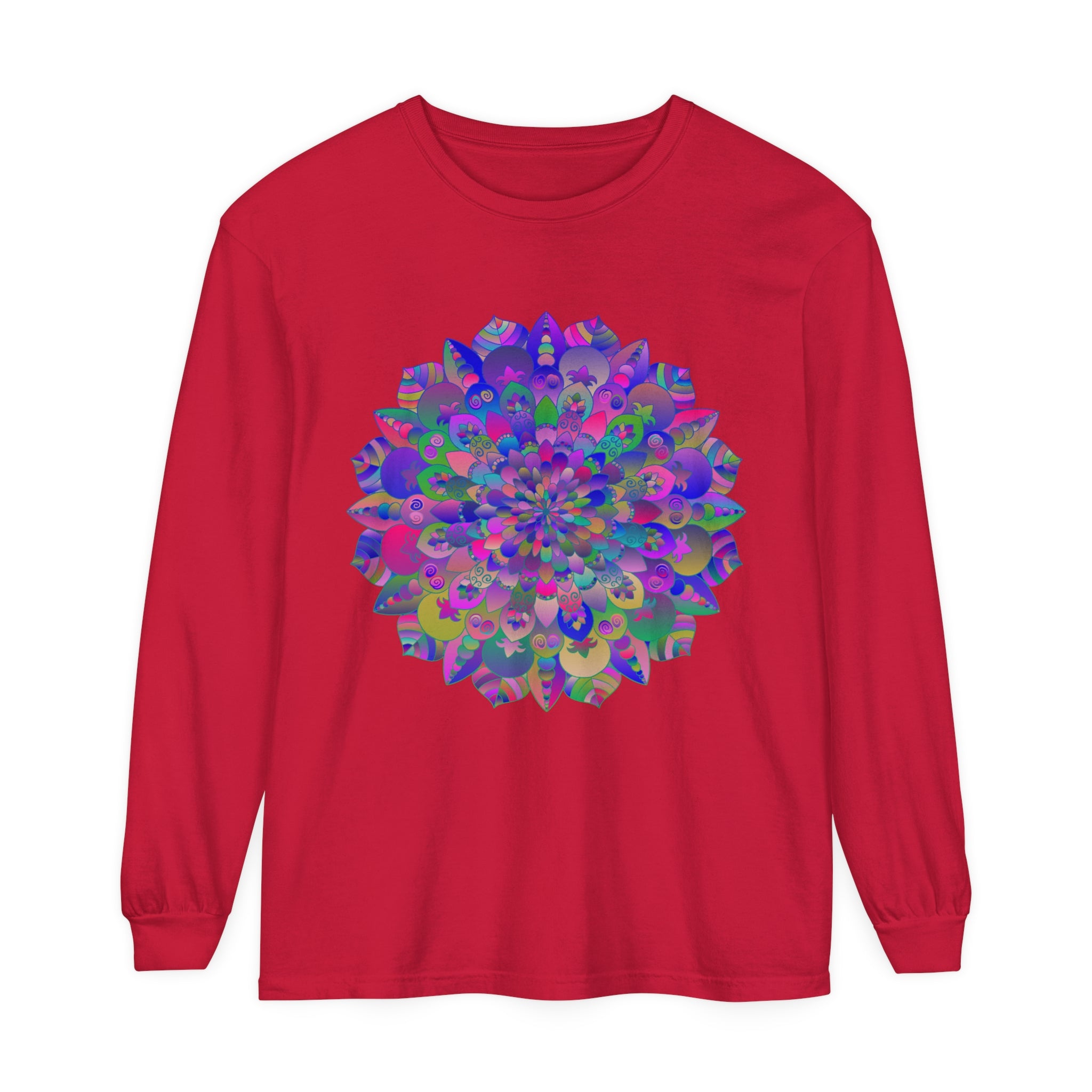 Vibrant Mandala Long Sleeve T-Shirt featuring a colorful and intricate mandala design