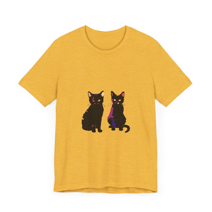 A close-up image of the Black Cat Mystery T-Shirt showing the colorful and elegant design with a mysterious black cat motif