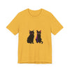 A close-up image of the Black Cat Mystery T-Shirt showing the colorful and elegant design with a mysterious black cat motif