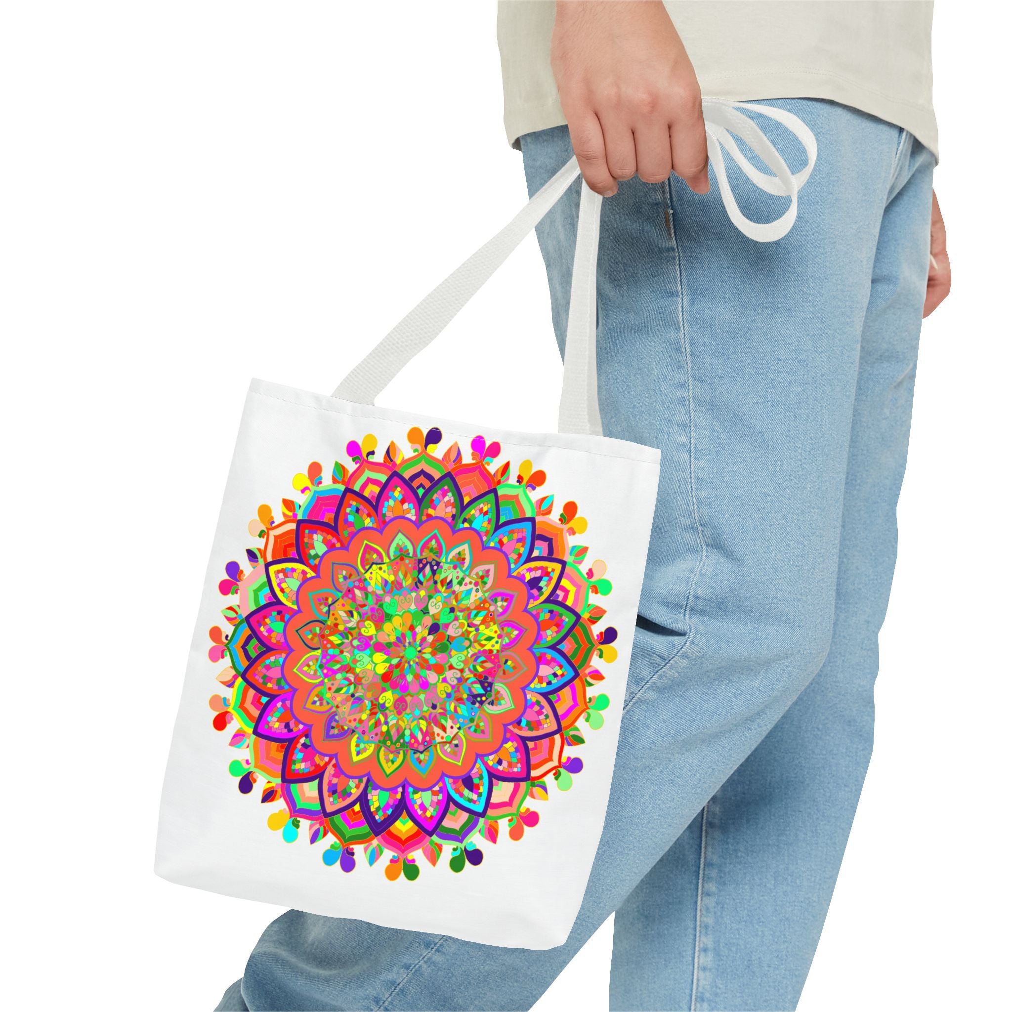 Vibrant and intricate multicolored mandala art printed on a spacious and durable tote bag